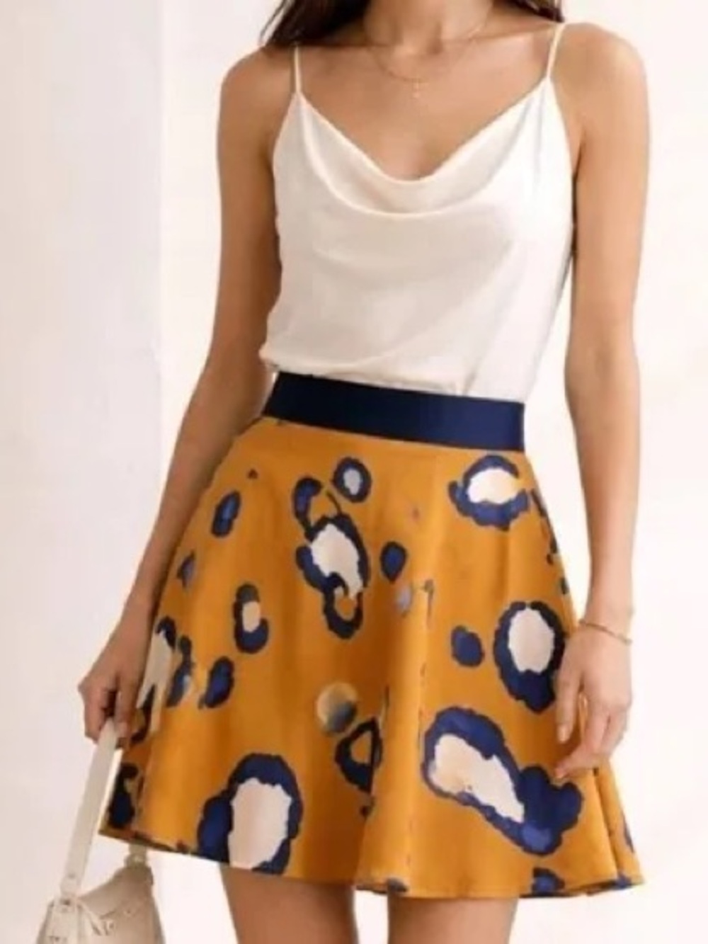 3.1 Phillip Lim Mustard Floral Circle Skater Skirt with Navy Waistband